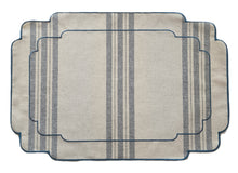 Cargar imagen en el visor de la galería, Mantel individual resinado, tela estilo saco francés, en rayas azules sobre fondo crudo, y acabado bordado en color azul.