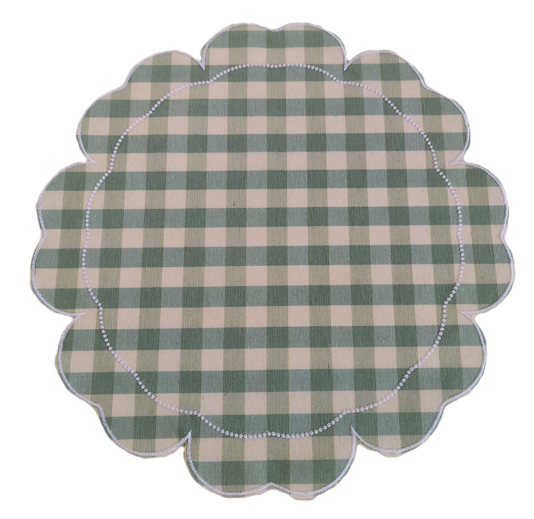 Mantel individual antimanchas vichy cuadros verdes, bordado con forma de flor